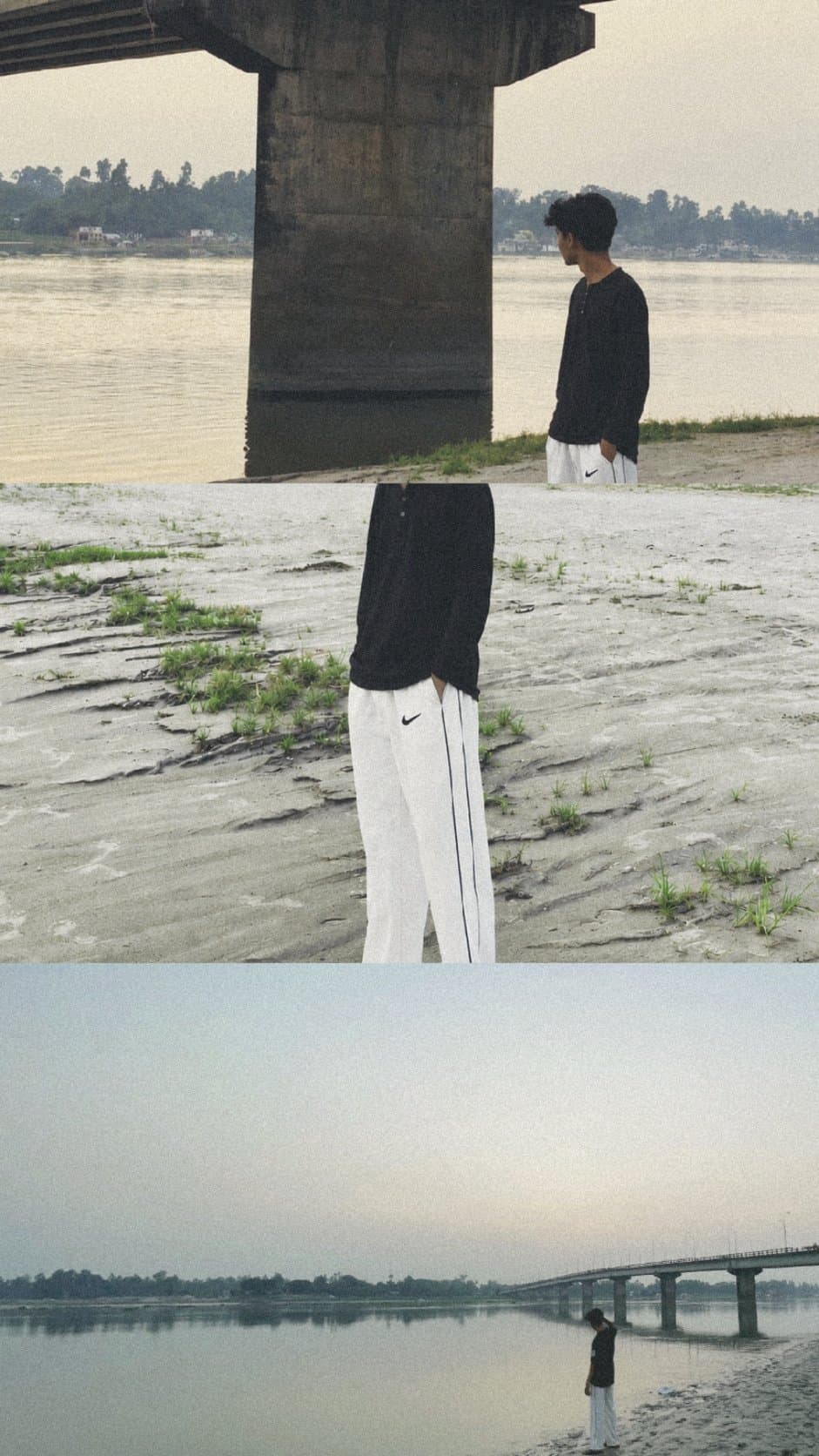 A three-panel stylized photo collage of Shuvo in a black long-sleeve shirt and white Nike track pants, standing on a sandy riverbank under a concrete bridge at dusk.